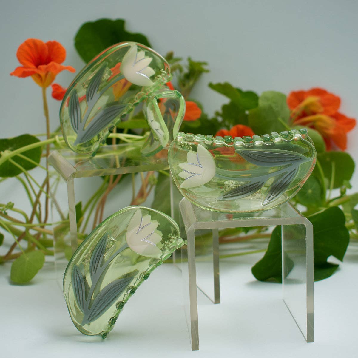 Lotus Flower Hair Claw in Clear Green Acetate -  by Carlyle Avenue