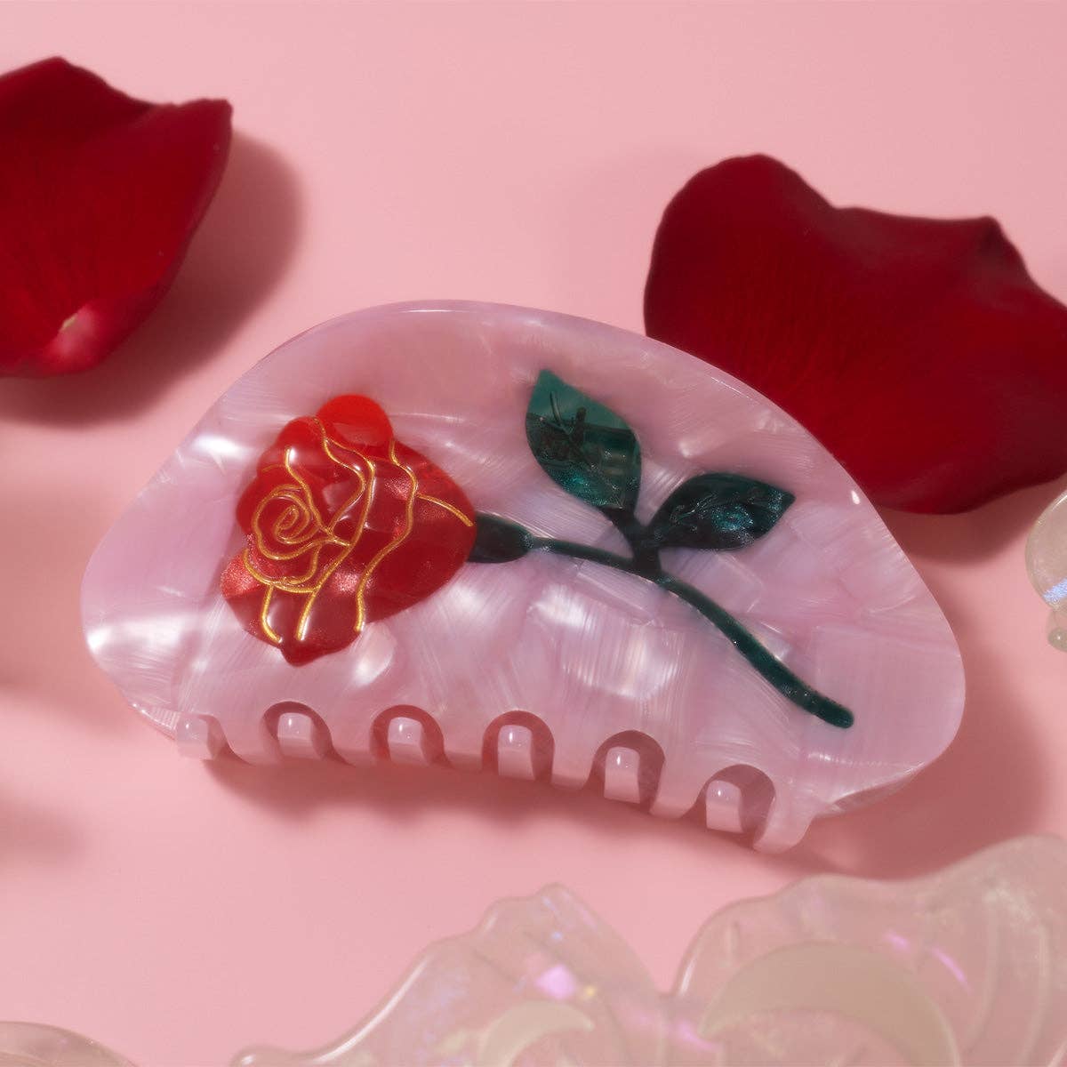 Women's Belle Pink Single Red Rose Acetate Hair Claw - by Carlyle Avenue