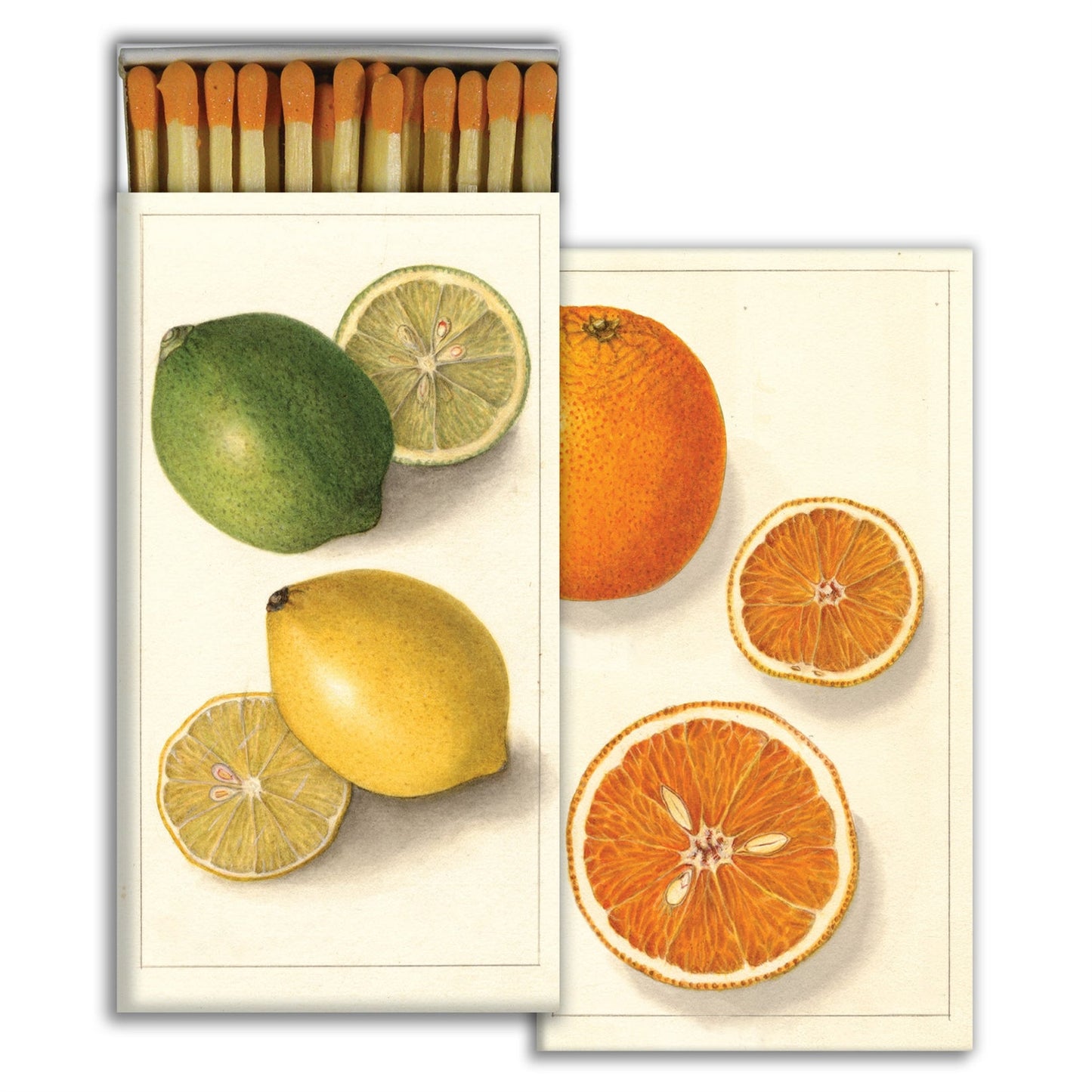 Matchbox with illustrations of fruits on a white background