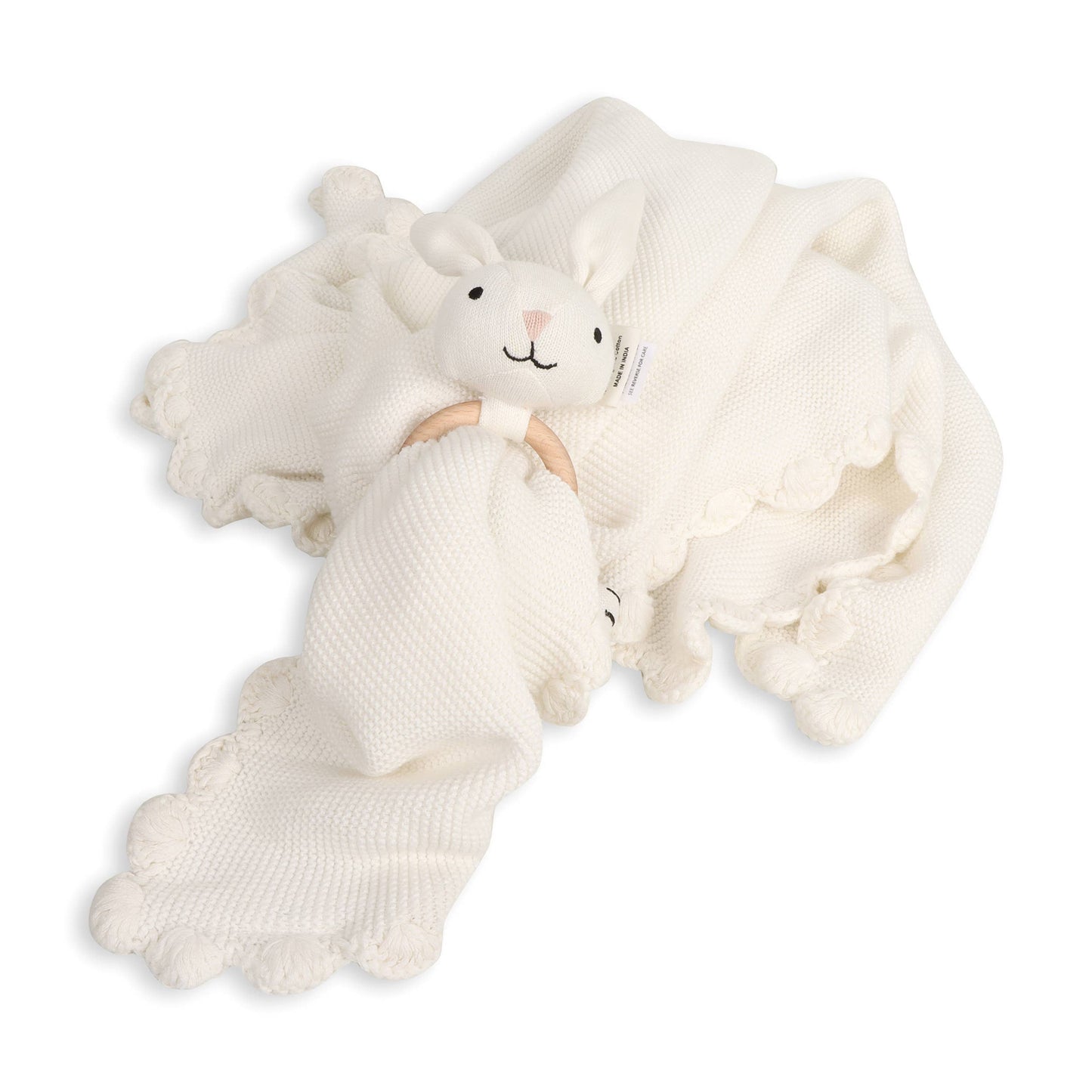 Scallop Edge Classic Knit Baby Blanket + Bunny Rattle SET - by Carlyle Avenue
