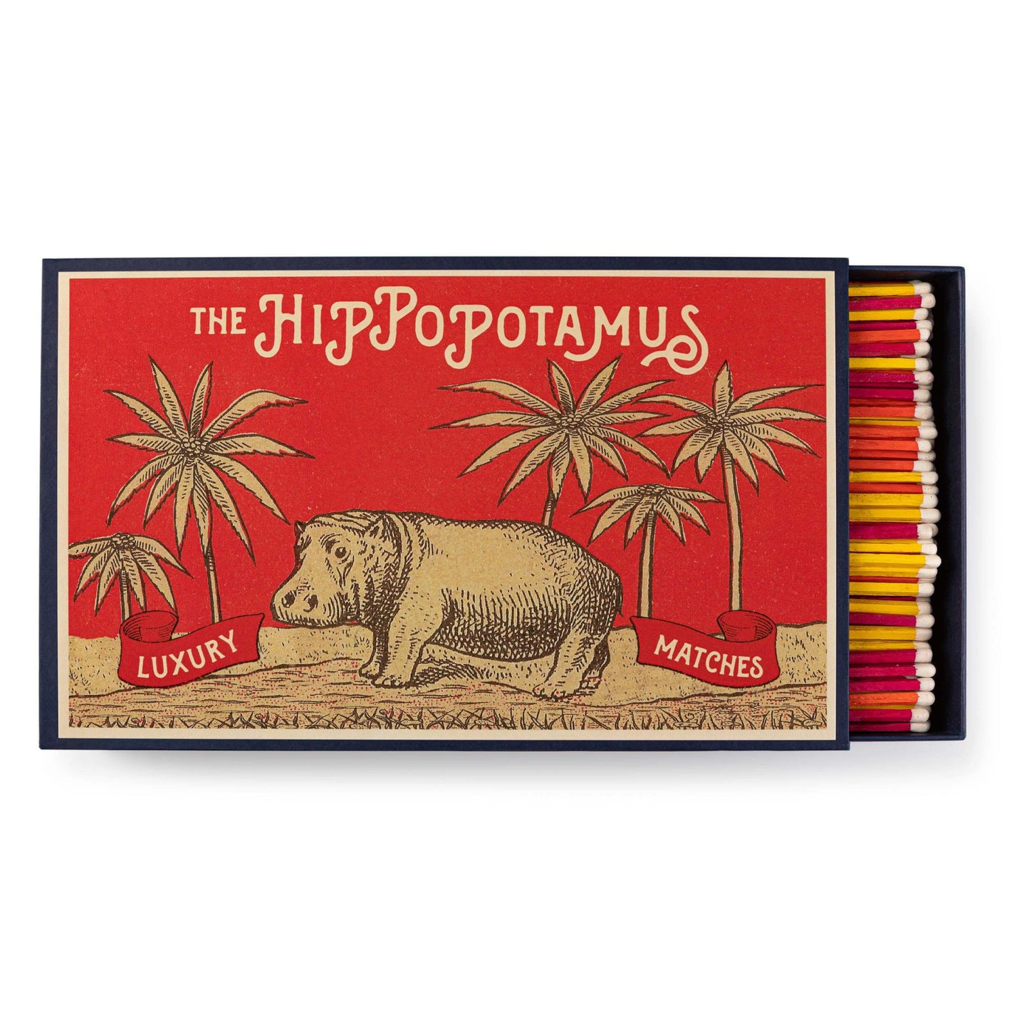 Hippopotamus | Giant - Safety Matches matchbox featuring a hippopotamus and palm trees, vibrant design with colorful matchsticks.