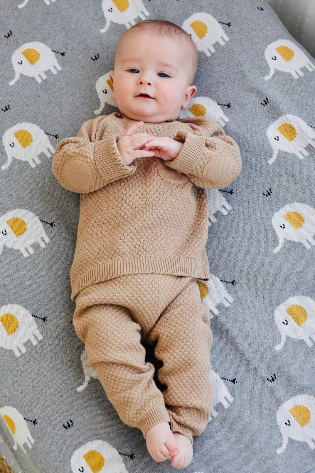 Elephant - Organic Cotton Jacquard Sweater Knit Baby Blanket - Baby Blanket by Carlyle Avenue