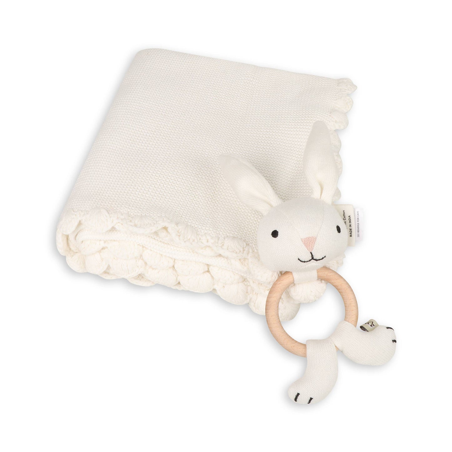 Scallop Edge Classic Knit Baby Blanket + Bunny Rattle SET - by Carlyle Avenue
