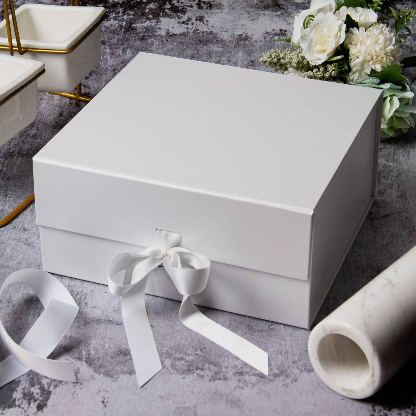 8" x 8" x 4" Collapsible Gift Box w/ Satin Ribbon & Magnetic | White