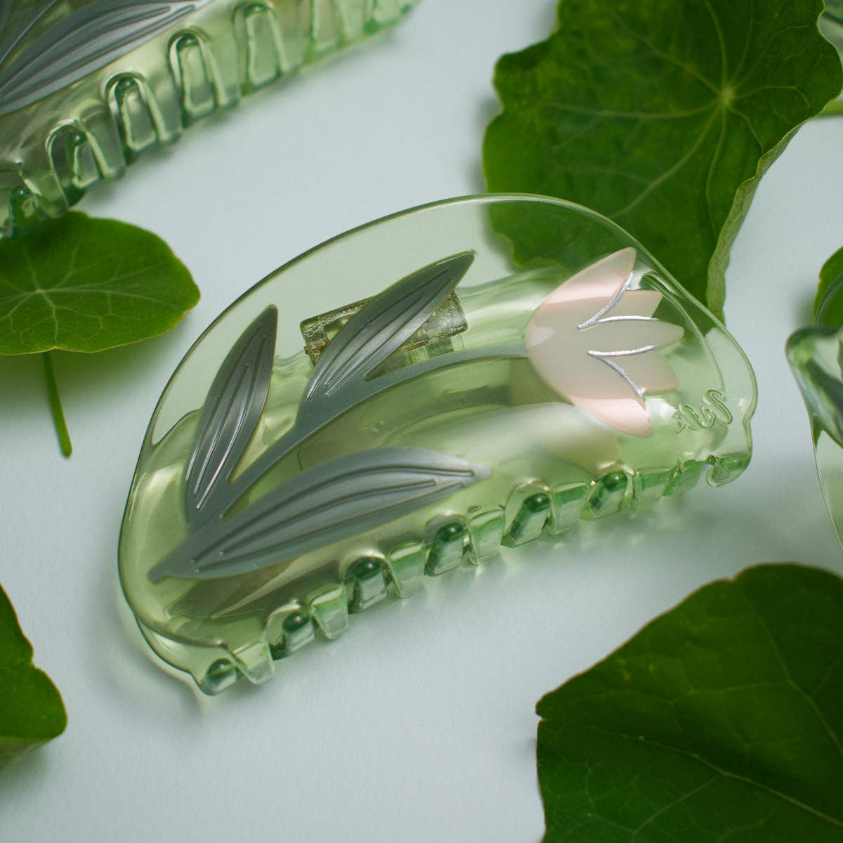 Lotus Flower Hair Claw in Clear Green Acetate -  by Carlyle Avenue
