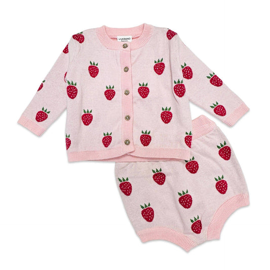 Strawberry Jacquard Knit Baby Cardigan Bodysuit Bloomer SET - Kids Clothing by Carlyle Avenue