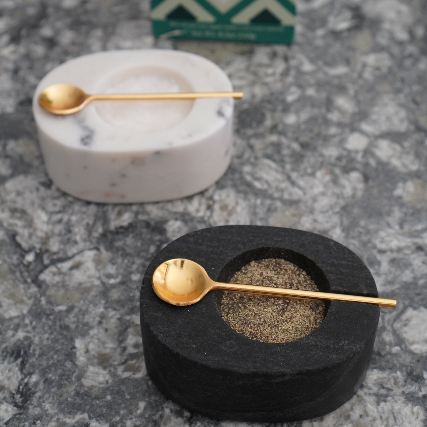 Tuscan Marble Salt & Pepper Bowl with Gold Spoon - Tableware by Carlyle Avenue