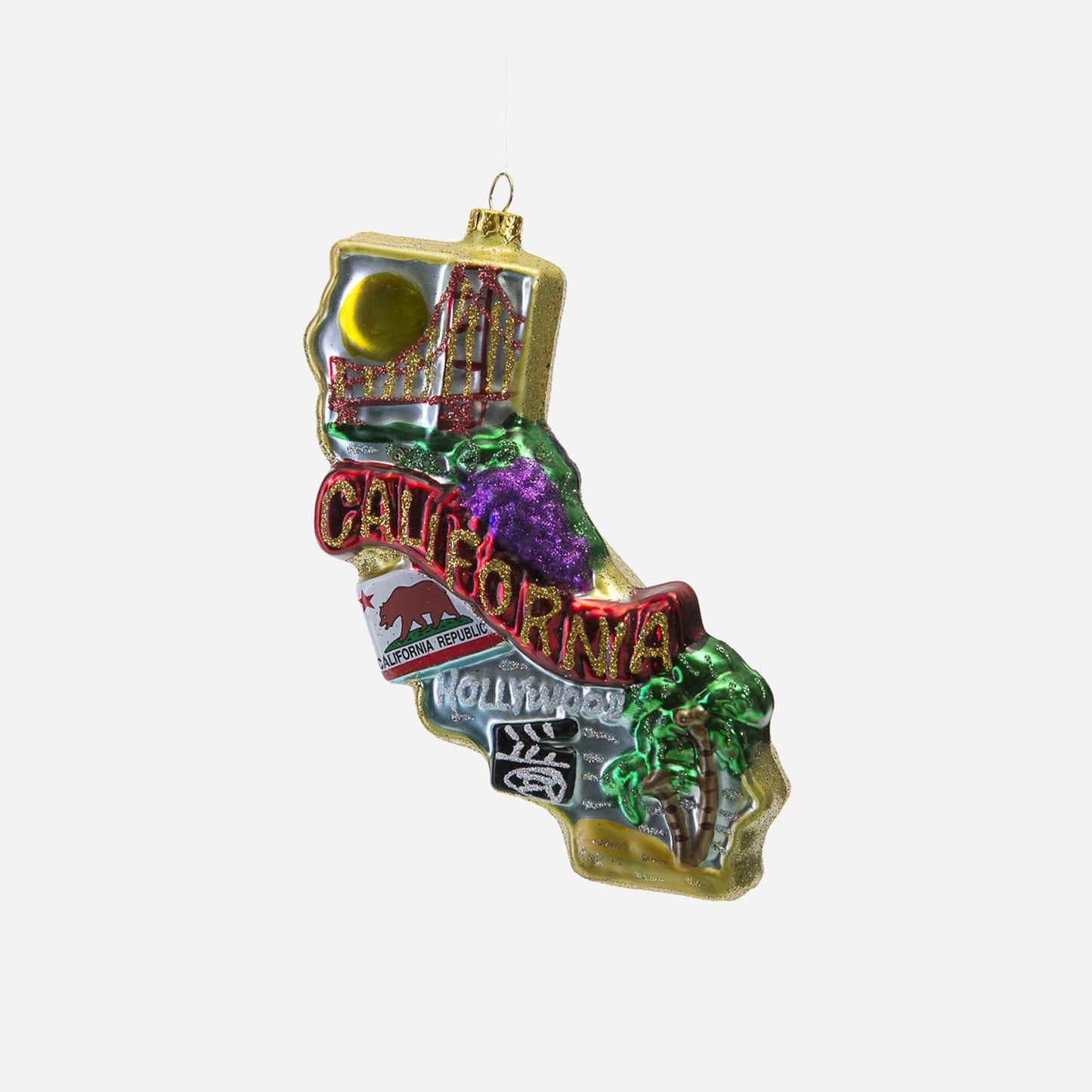 Decorative ornament shaped like the state of California with iconic symbols on a white background