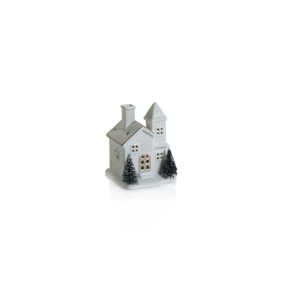 Alpina LED Porcelain House with Trees - Matte White with Green Trees - Christmas Decor by Carlyle Avenue