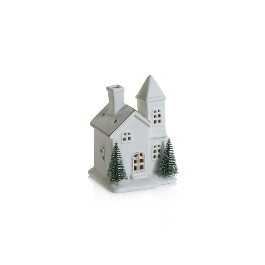 Alpina LED Porcelain House with Trees - Matte White with Green Trees - Christmas Decor by Carlyle Avenue