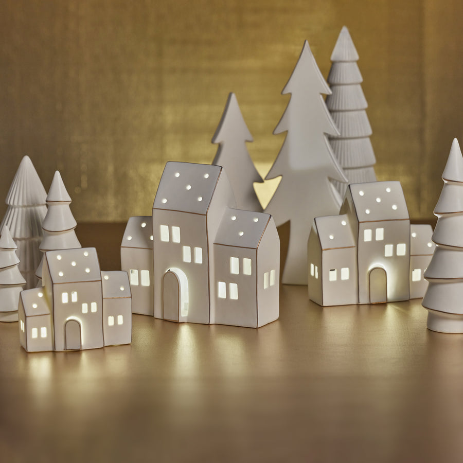 Zermatt LED Porcelain House - Matte White with Gold Trim - Christmas Decor by Carlyle Avenue