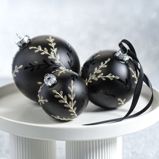 Black Glass Ball Ornament with Leaf Pattern - Black and Silver - Holiday Ornaments by Carlyle Avenue