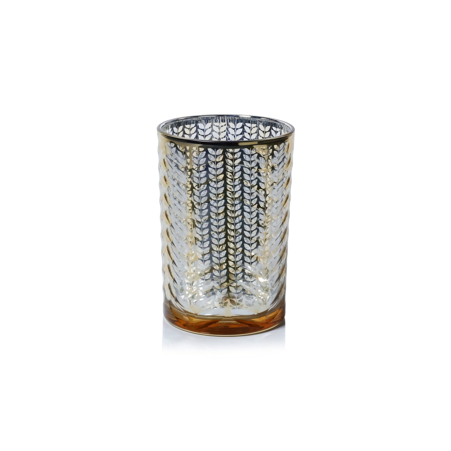 Decorative glass candle holder with wavy pattern on a white background