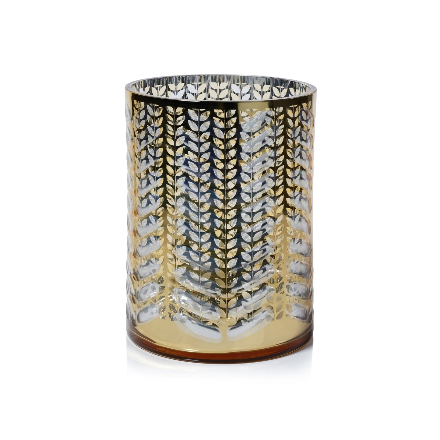 Decorative glass candle holder with gold and black leaf pattern on a white background