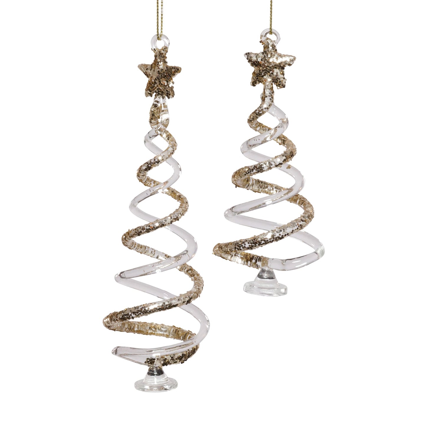 Set of 2 Clear Twisted Tree Design Ornaments w/ Gold Glitter