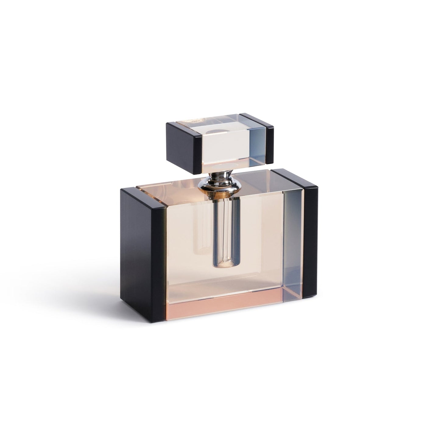 Perfume bottle with black and clear design on a white background
