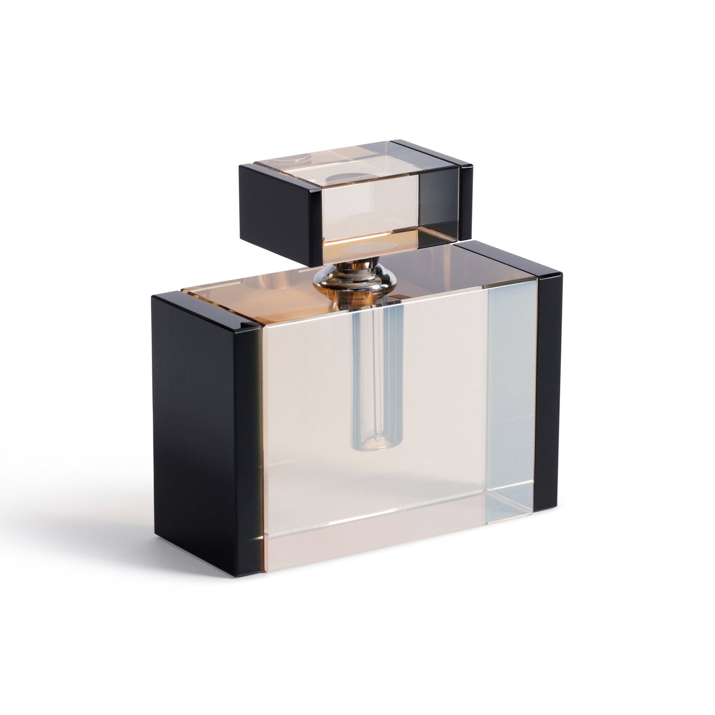 Modern glass perfume bottle with black and clear design on a white background