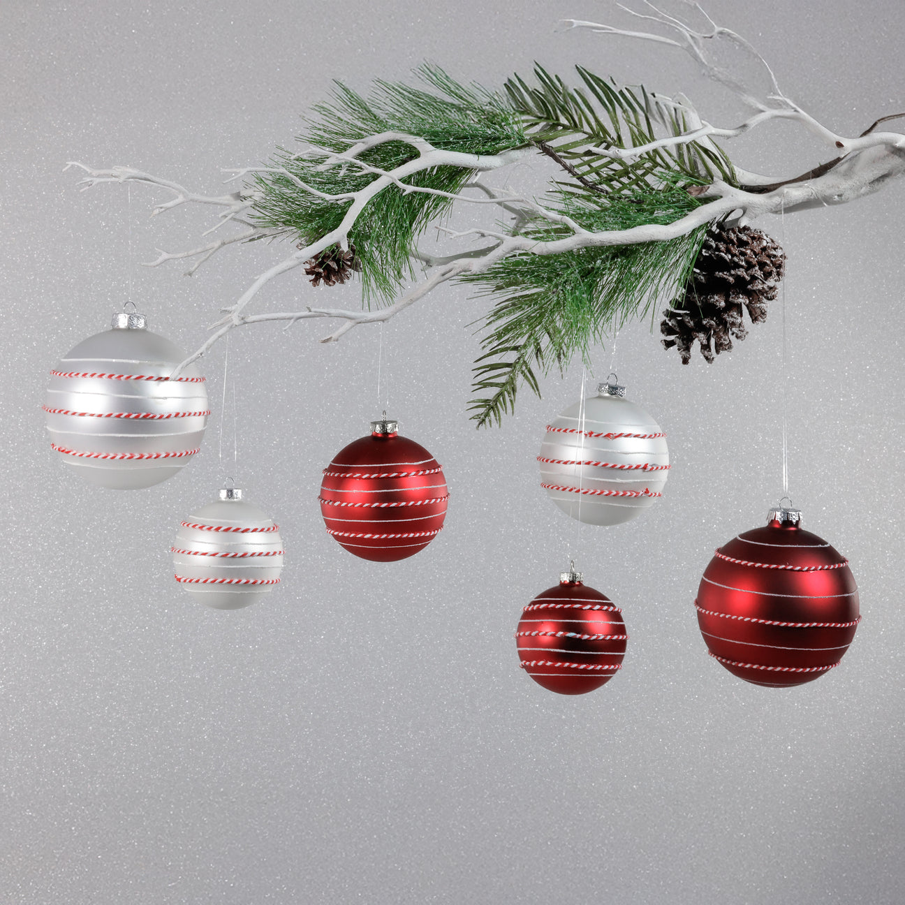 Decorative Christmas ornaments hanging from a branch with a gray background