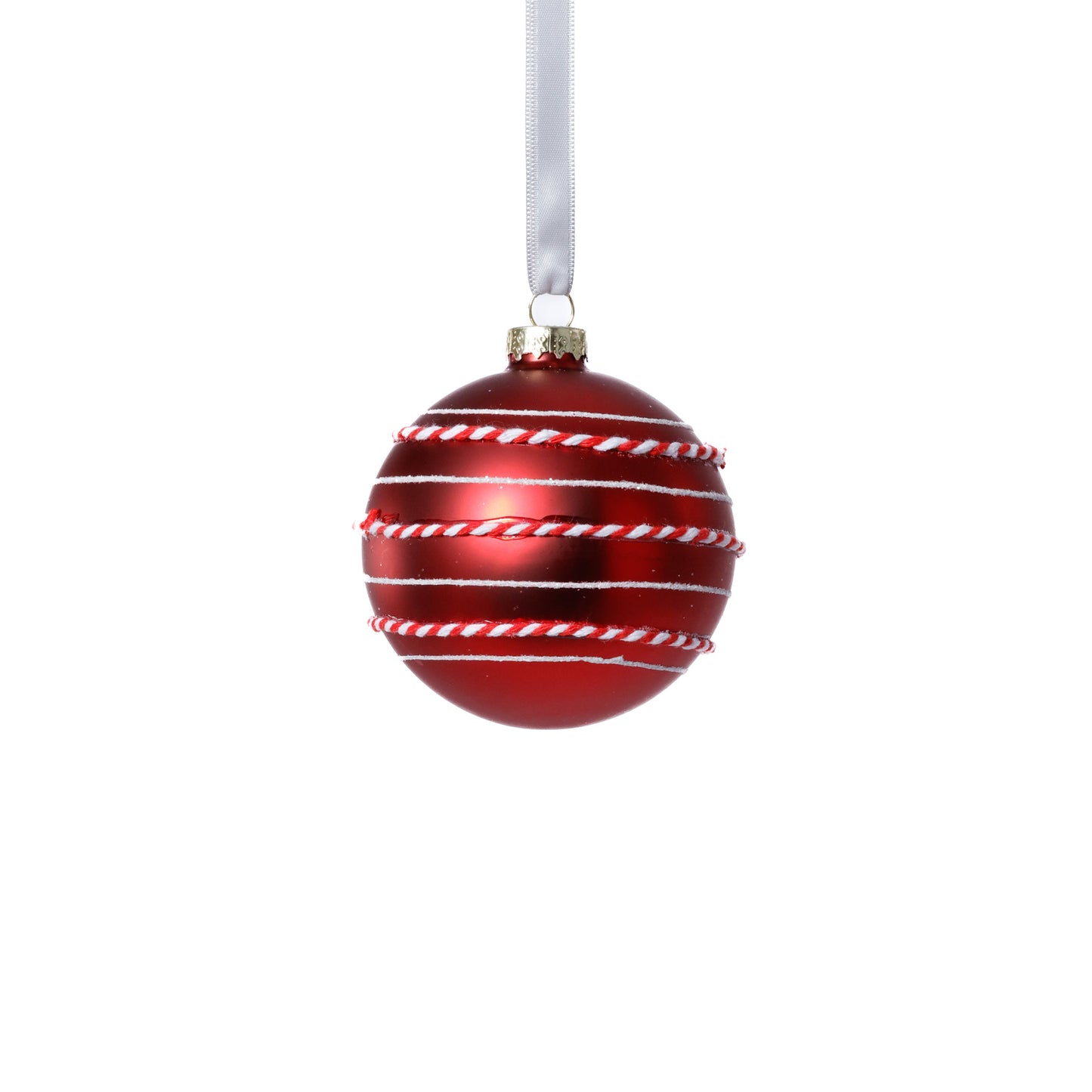 Red Christmas ornament with white stripes on a white background
