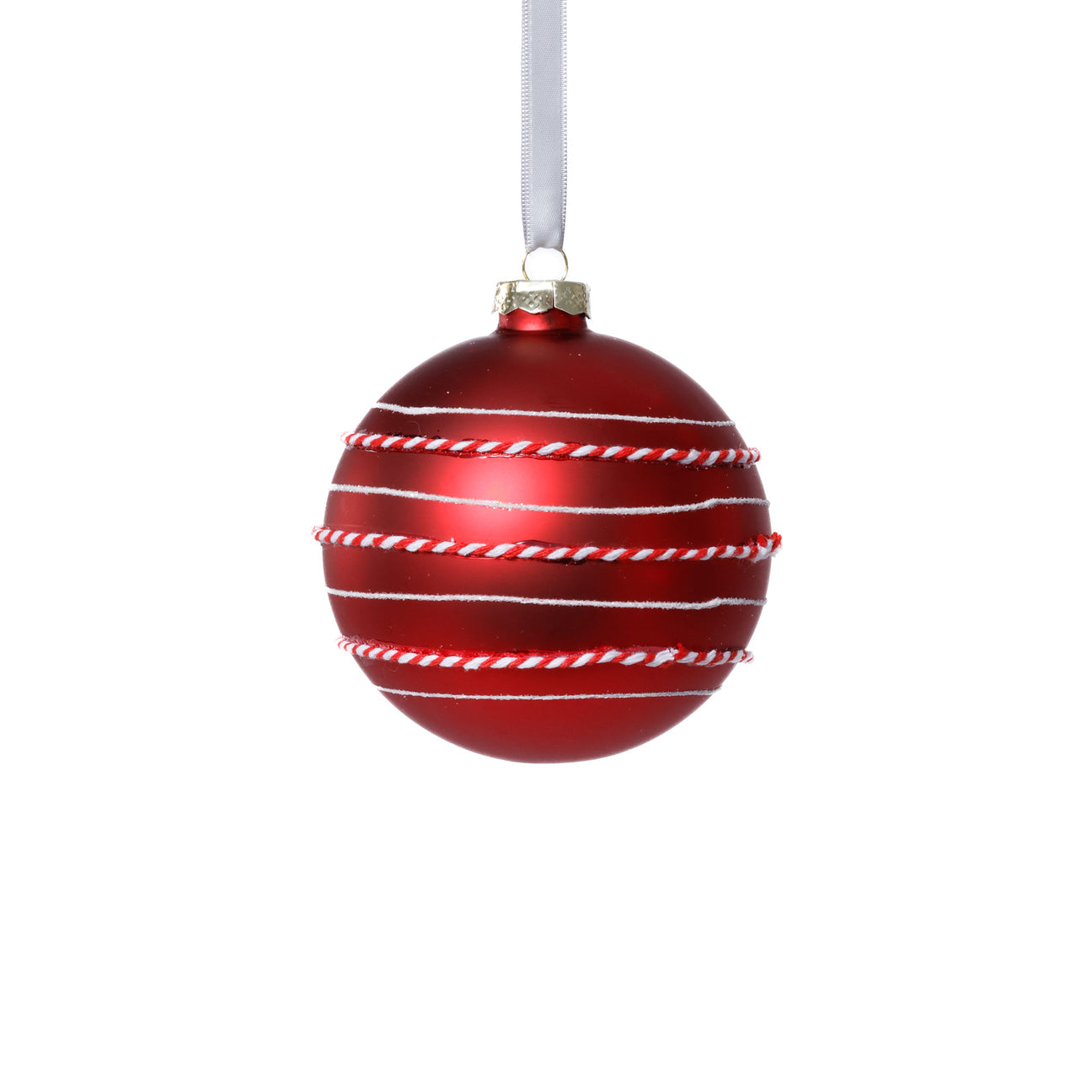 Red Christmas ornament with white stripes on a white background