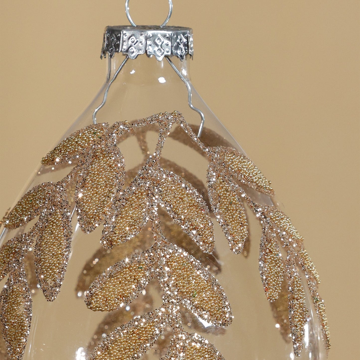 Beaded Teardrop Glass Ornament - Gold Leaf Design - Set of 6