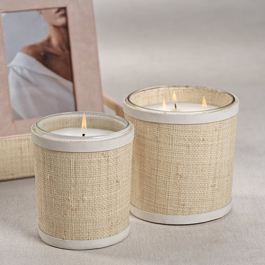 Candle in Natural Raffia Basket w/ Leather Trim - White - Candles by Carlyle Avenue