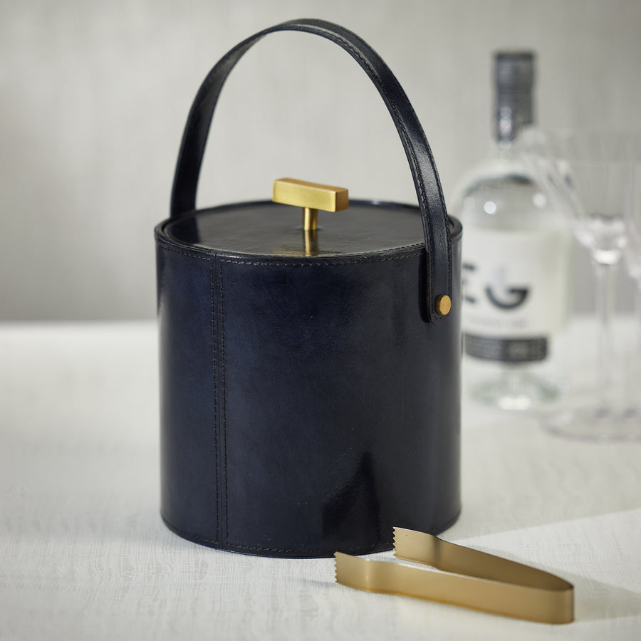 Savoy Blue Leather Ice Bucket with Gold Metal Ice Tong - Ice Bucket by Carlyle Avenue