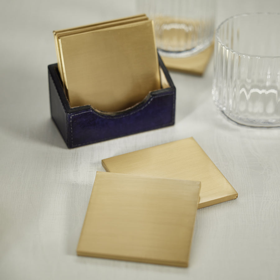 Savoy Blue Leather Set of 6 Coasters with Holder - Coasters by Carlyle Avenue