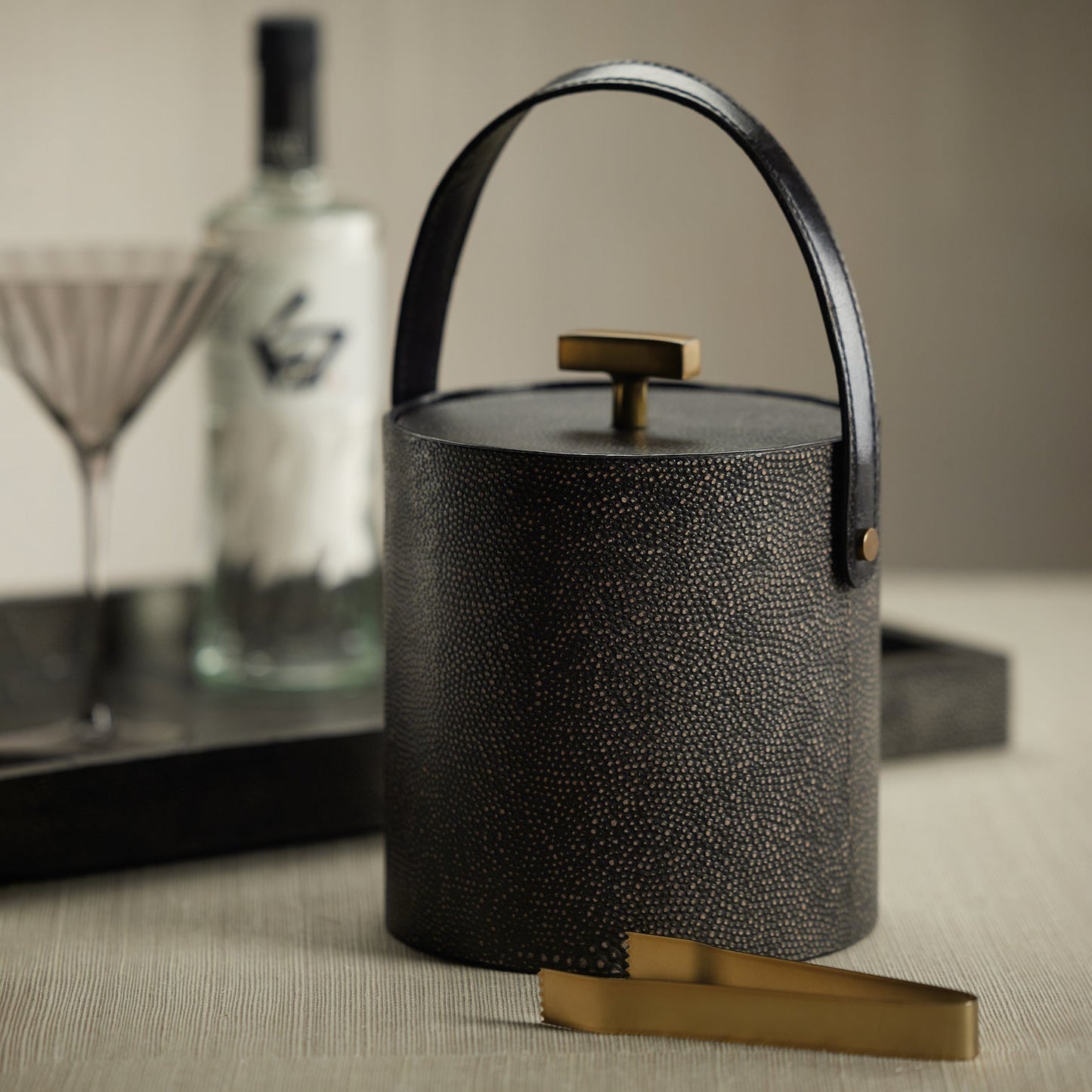 Nika Shagreen Leather Ice Bucket with Gold Metal Ice Tong - Ice Bucket by Carlyle Avenue
