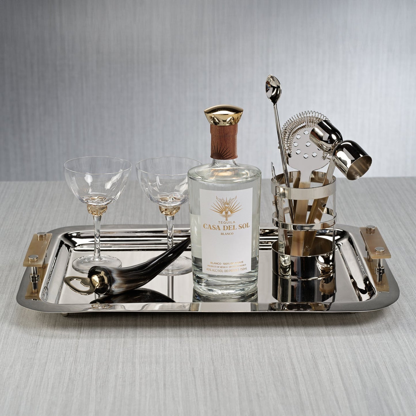 The Berkeley Serving Tray with Horn Handles - Polished Nickel - Decorative Trays by Carlyle Avenue