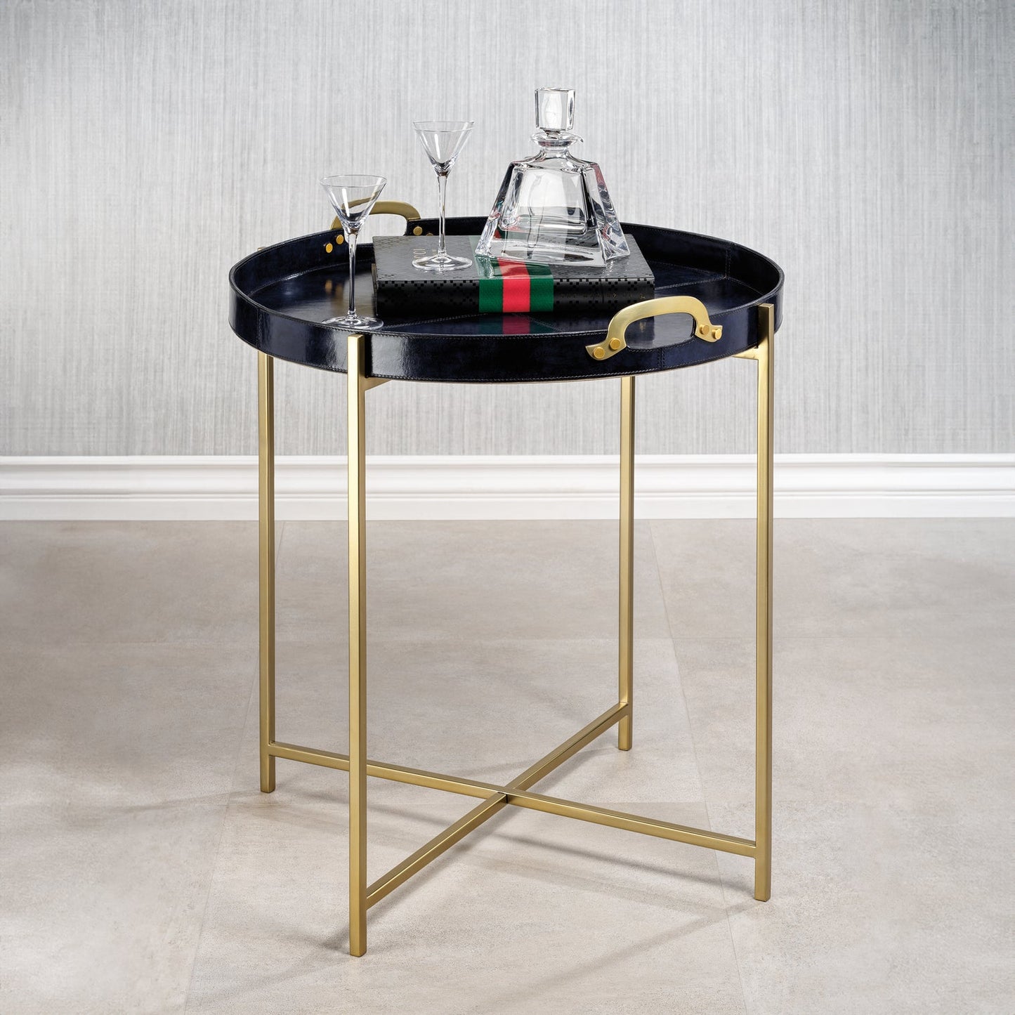 Savoy Leather w/ Brass Handles Round Tray on Stand - Blue and Gold - Furniture by Carlyle Avenue