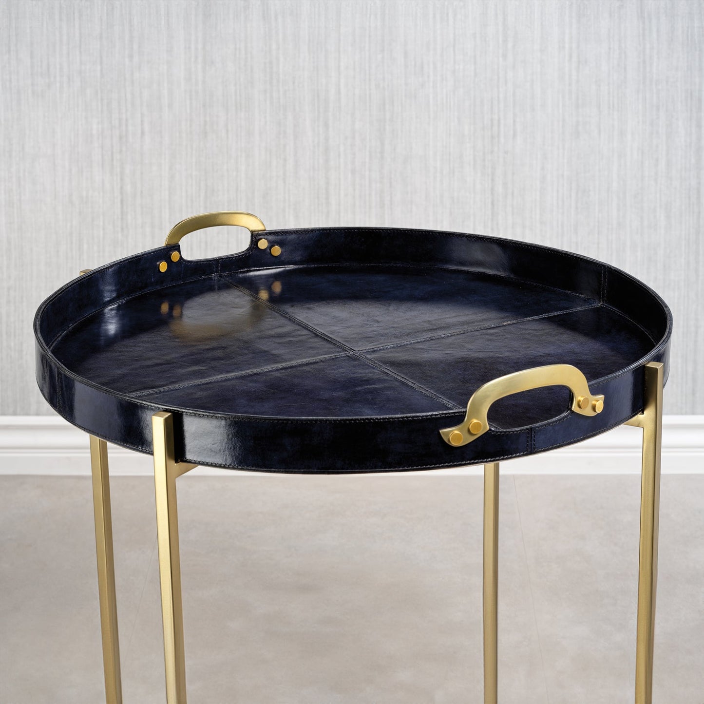 Savoy Leather w/ Brass Handles Round Tray on Stand - Blue and Gold - Furniture by Carlyle Avenue