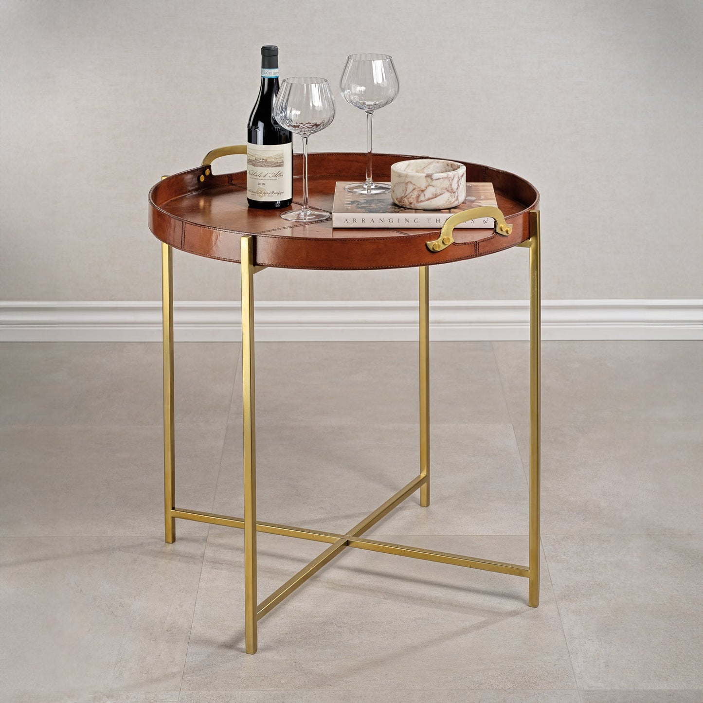 Aspen Leather with Brass Handles Round Tray on Stand - Furniture by Carlyle Avenue