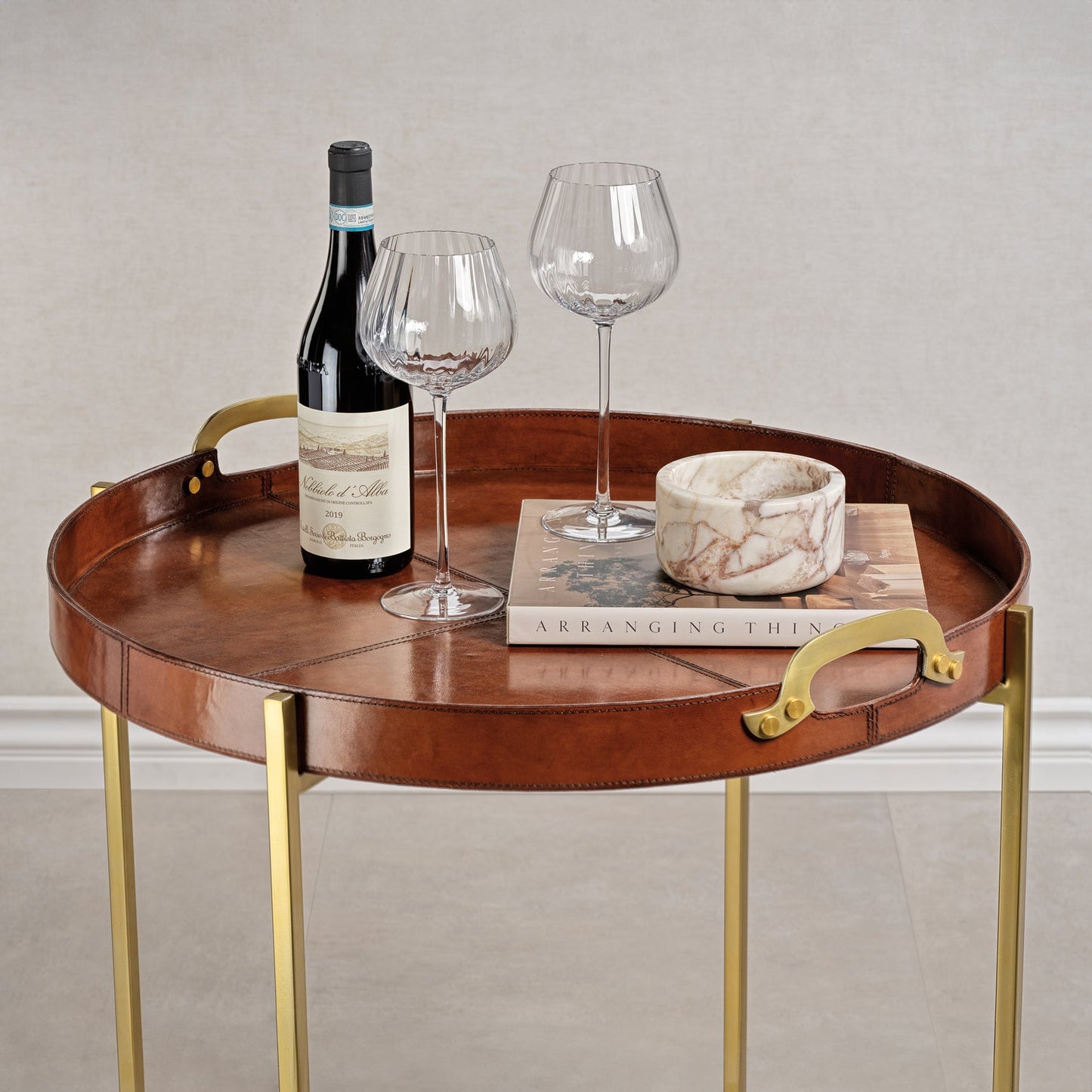 Aspen Leather with Brass Handles Round Tray on Stand - Furniture by Carlyle Avenue