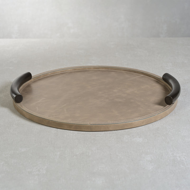 Bellecôte Round Serving Tray - Mink Leather with Metal Handles - Decorative Trays by Carlyle Avenue