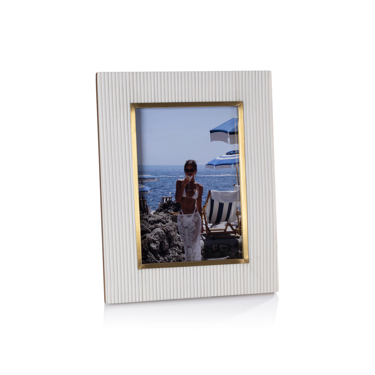 Bossa Ribbed White Resin Photo Frame with Brass Inside Border - Picture Frames by Carlyle Avenue