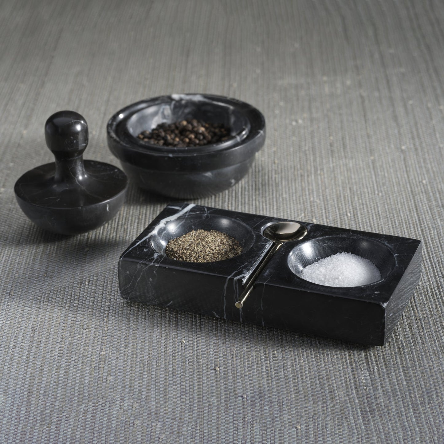 Marble Salt and Pepper Dish with Spoon - Black