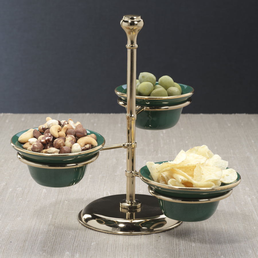 3-Tier Condiment Bowl Set - Polished Gold Stand w/ Green Ceramic Bowls - Serveware by Carlyle Avenue