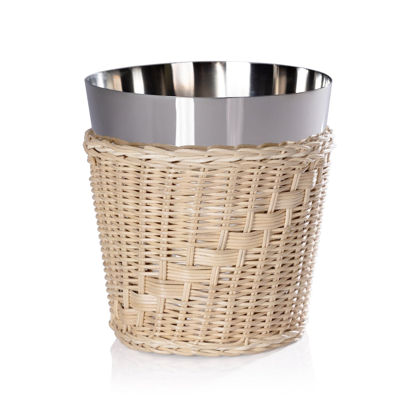 The Palmier Wine and Champagne Bucket with handwoven rattan exterior and polished steel interior, displayed on a white surface.