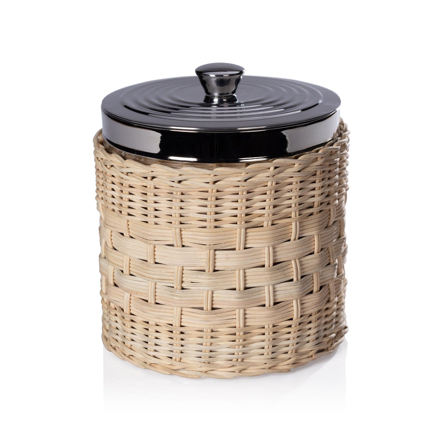 The Palmier Ice Bucket with handwoven rattan exterior and glossy black lid, shown on a white surface.