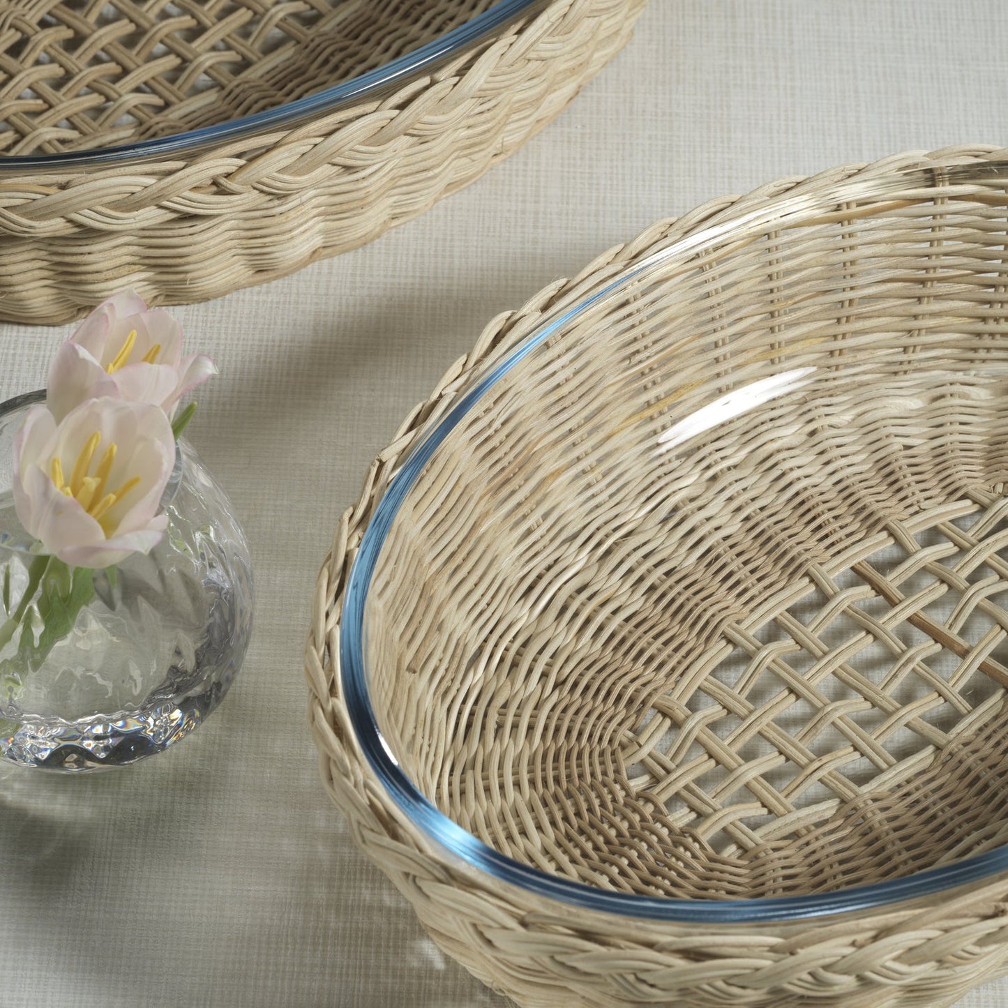 The Palmier Oval Glass Bowl in Woven Rattan Basket - Kitchenware by Carlyle Avenue