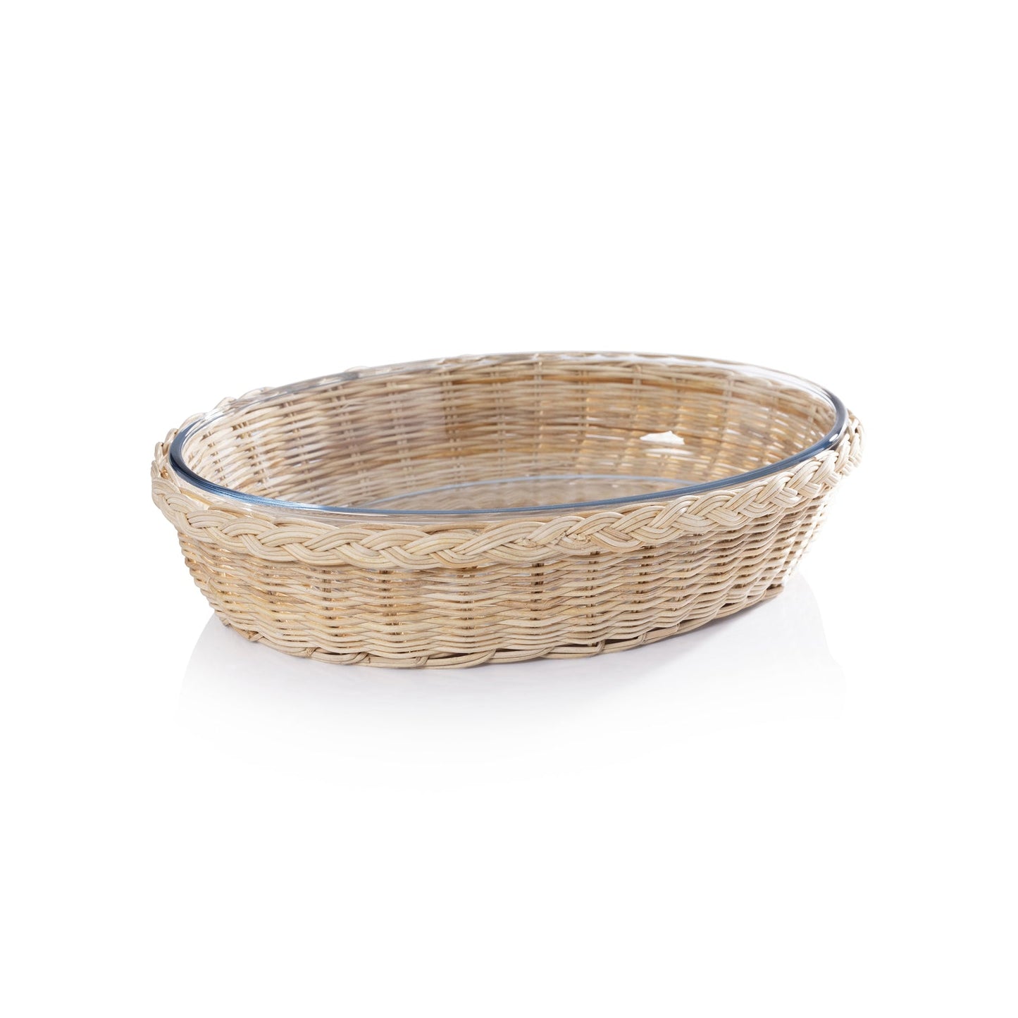 The Palmier Oval Glass Bowl in Woven Rattan Basket - Kitchenware by Carlyle Avenue