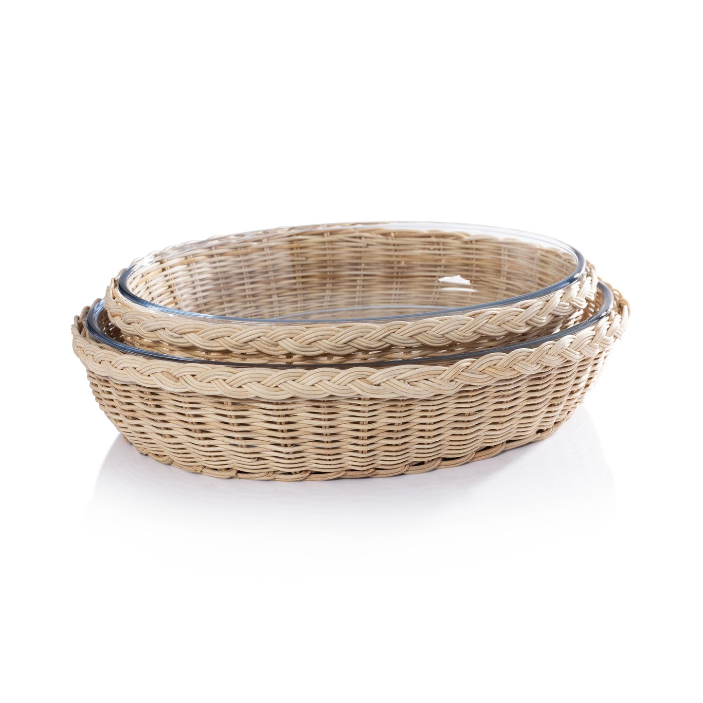 The Palmier Oval Glass Bowl in Woven Rattan Basket - Kitchenware by Carlyle Avenue