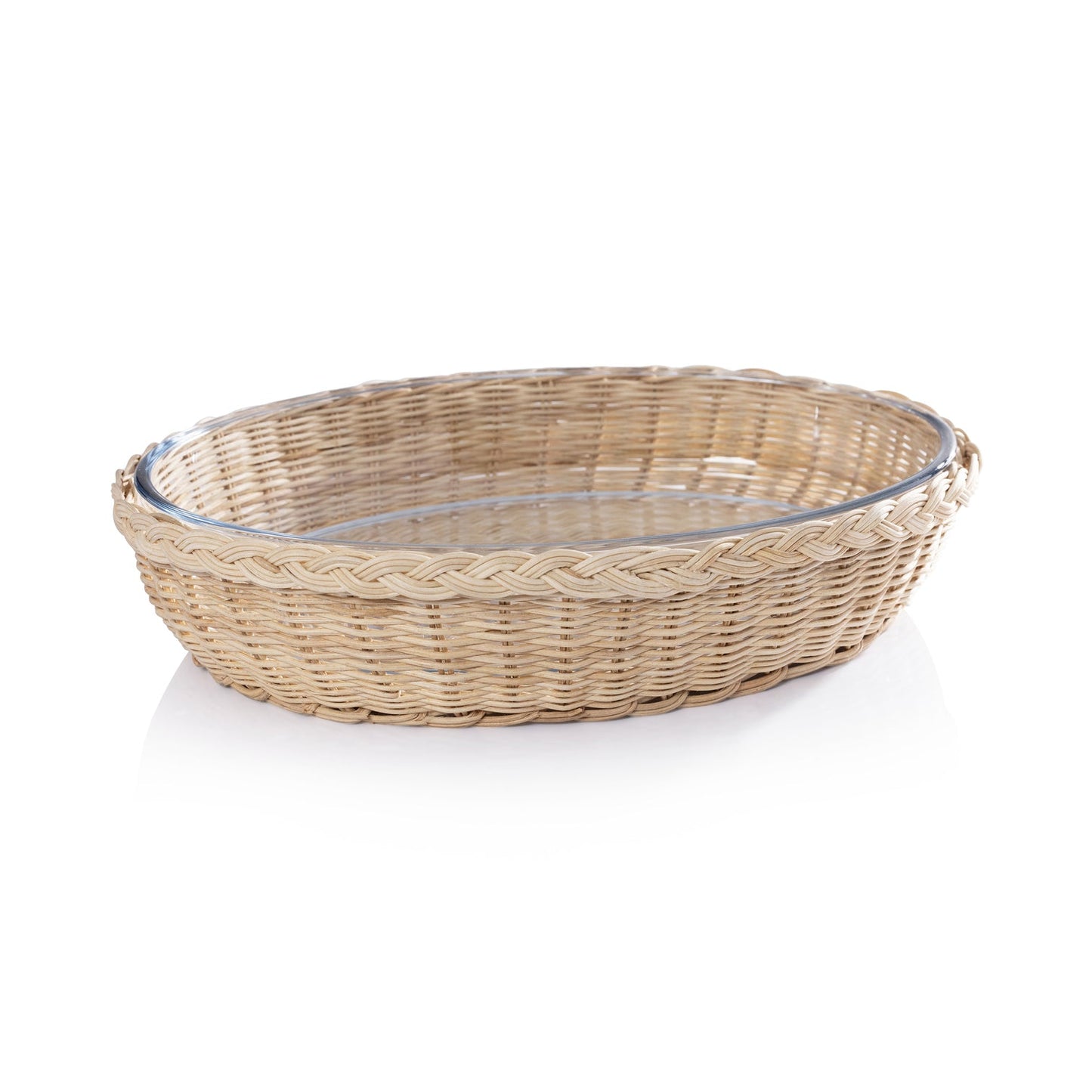 The Palmier Oval Glass Bowl in Woven Rattan Basket - Kitchenware by Carlyle Avenue