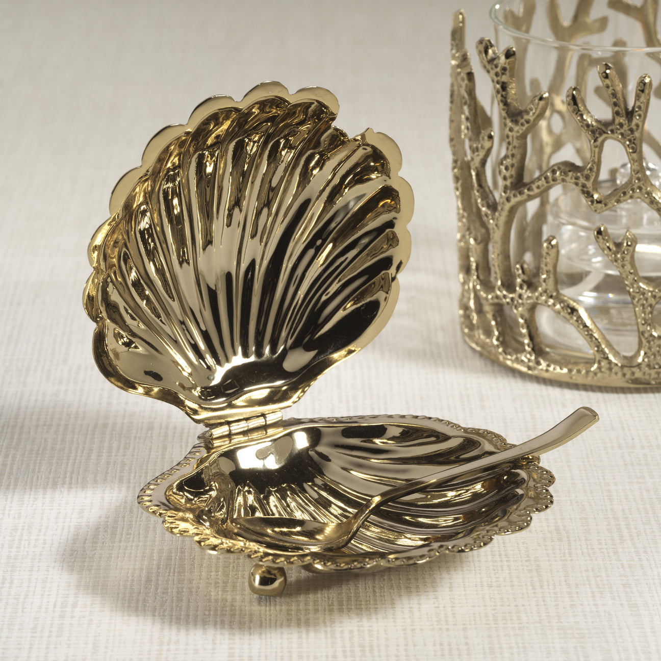 Cap Ferrat Fan Shell Lidded Bowl with Spoon - Polished Gold - Bowls by Carlyle Avenue