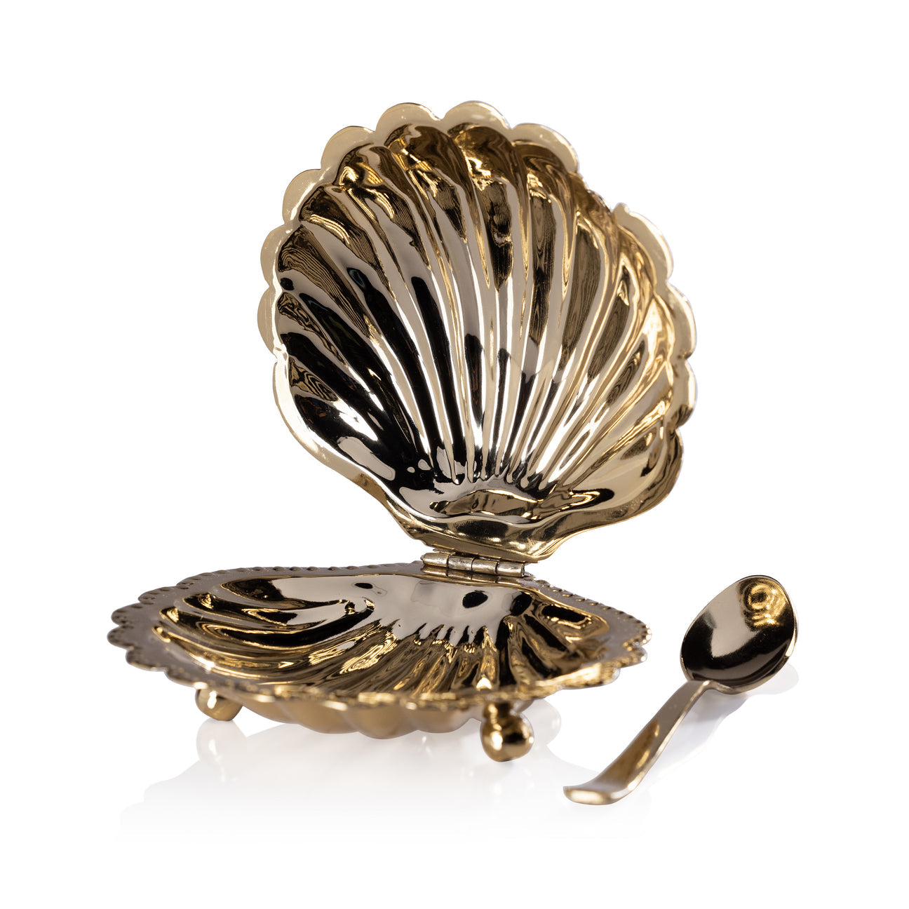 Cap Ferrat Fan Shell Lidded Bowl with Spoon - Polished Gold - Bowls by Carlyle Avenue