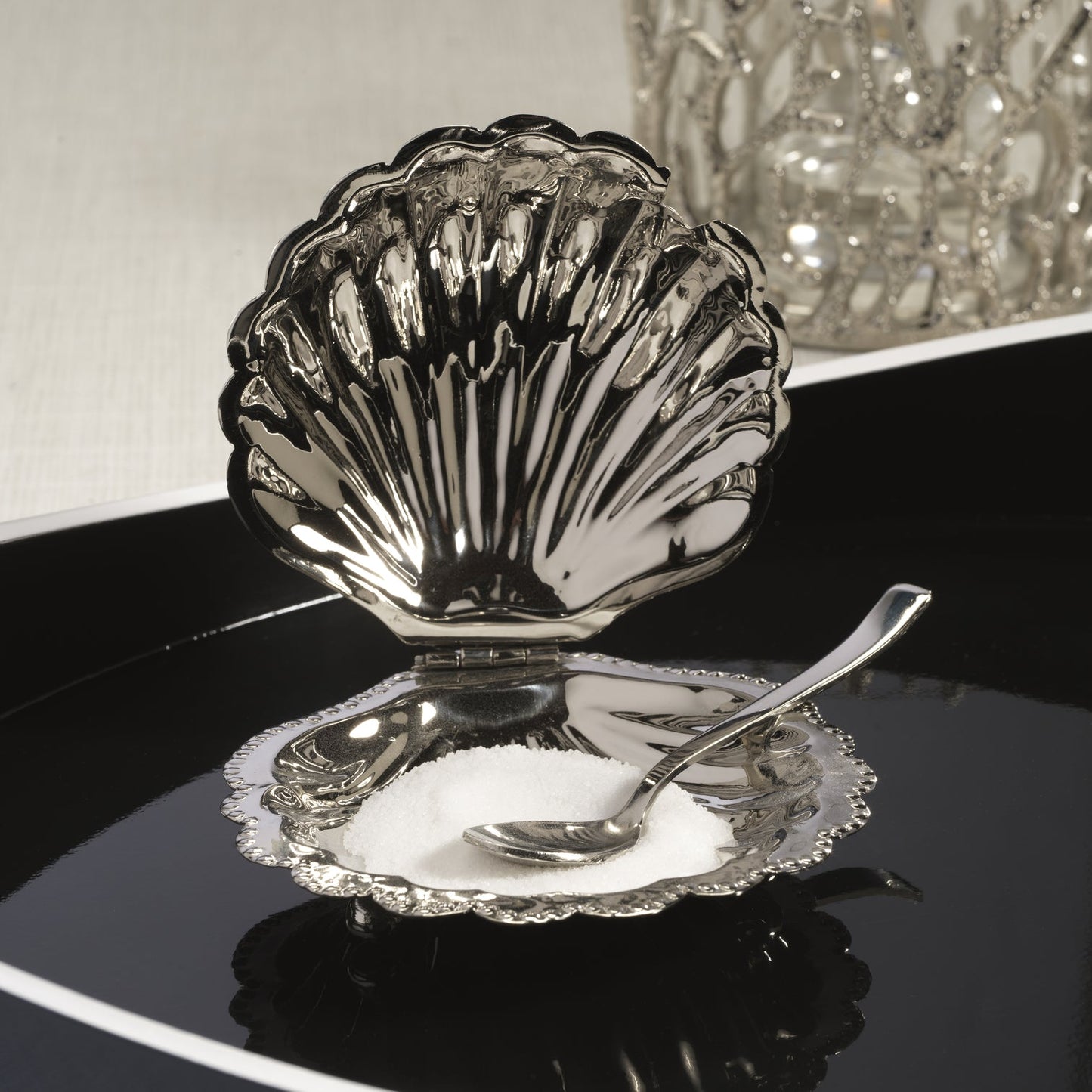Cap Ferrat Fan Shell Lidded Bowl with Spoon - Polished Nickel