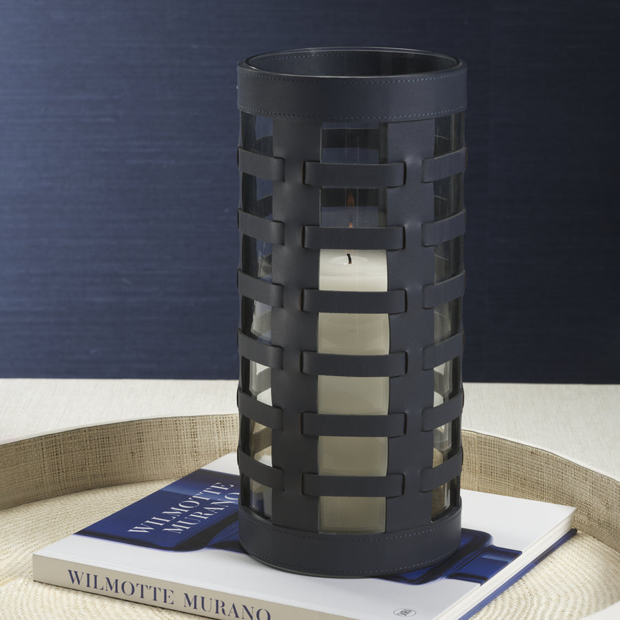 Nappa Woven Leather Glass Vase / Hurricane - Navy - Candle Accessories by Carlyle Avenue