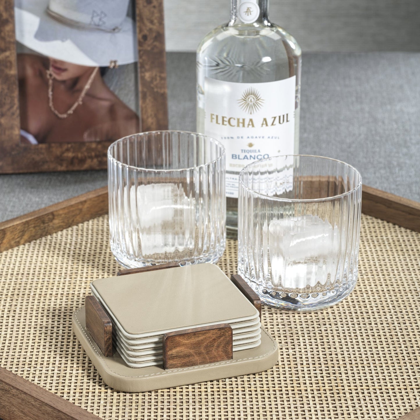 Sotto Leather with Burl Veneer Coaster Set of 6 - Cappuccino - Coasters by Carlyle Avenue