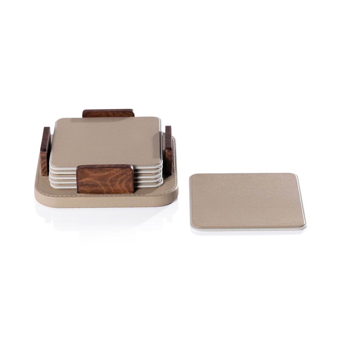 Sotto Leather with Burl Veneer Coaster Set of 6 - Cappuccino - Coasters by Carlyle Avenue